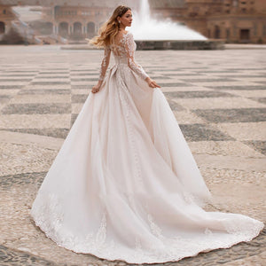 Sexy Illusion Lace A-Line Princess Wedding DressLuxury Appliques Button Court Train Bride Gown