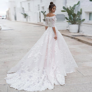 Half Sleeve Lace Princess A-Line Wedding DressLuxury Boat Neck Court Train A-Line Bride Gown