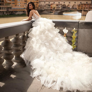 Feathers Ruffles A-Line Wedding Dress V Neck Spaghetti Straps Appliques Beaded Vintage Bridal Gown
