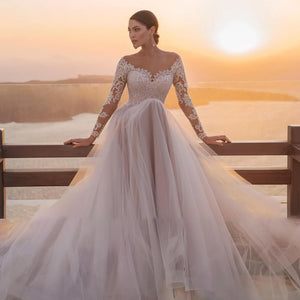 Long Sleeve Lace  A-Line Princess Wedding Dress Luxury Scoop Appliques Button Court Train