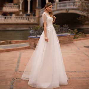 Sexy V Neck Pearls Tassel Lace A-Line Wedding Dress Luxury Appliques Sweep Train Bride Gown
