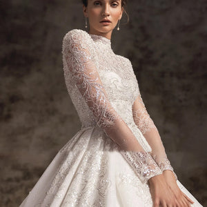 Exquisite Appliques Beaded Lace Vintage A-Line Wedding Dress Luxury High Neck Long Sleeve Court Train