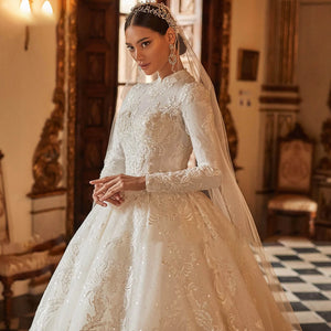 Luxury High Neck Long Sleeve A-Line Muslim Wedding Dresse Elegant Court Train Bridal Gown
