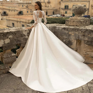 Vestidos De Noiva Sexy Backless Lace A-Line Vintage Wedding Dress Three Quarter Applique Beaded Bridal Gown