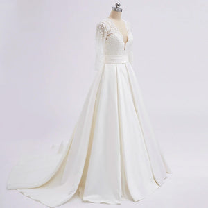 Long Sleeve A-Line Wedding Dress Sexy Deep V Neck Chapel Train Appliques Bridal Gown Plus Size