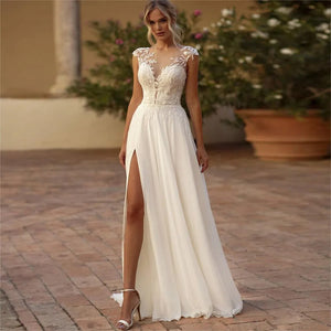 Boho Lace A-Line Chiffon Wedding Dress with Illusion Back