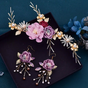 Bridal Headpiece Artificial Flower Headwear Earring Handmade Wedding Hair Jewellery