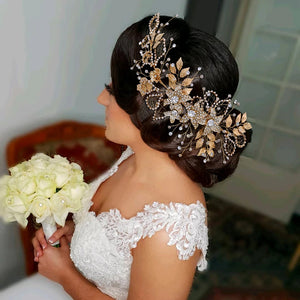 Handmade Bridal Headband Alloy Flower Headdress Rhinestone Hollow Leaf Headwear
