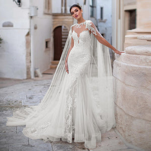 O-Neck Mermaid Wedding Dress with Shawl Appliques Tulle Luxury Bridal Dress