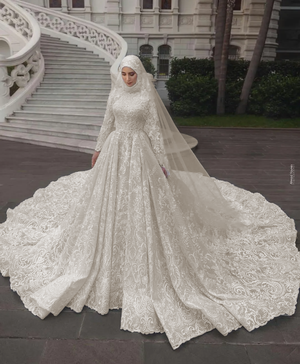 Muslim Hijab A-Line Wedding Dress Long Sleeves Luxury Lace Bridal Gown