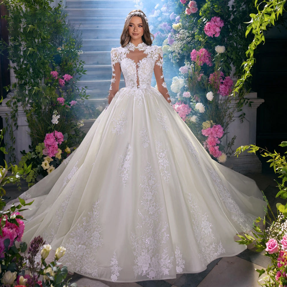 long sleeve princess wedding dresses A-Line Elegant High Neck Romantic – Elsi John Male Officer Dinner Dress The lace detailing flows Color:ORANGE PINK STRIPE promo-badge:summer