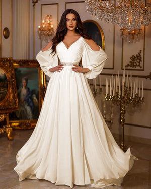 V-Neck Backless Long Sleeve Shiny Beading Crystal Waist Beach Wedding Dress