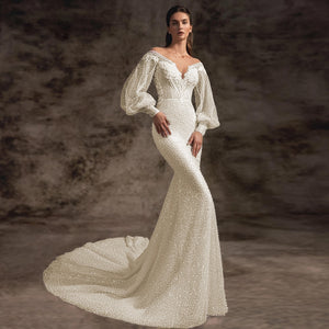 Long Puff Sleeve Lace Beaded Mermaid Wedding Dress Sexy Illusion Bridal Gown
