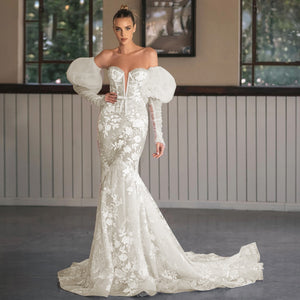 Sexy Illusion Strapless Long Sleeve Lace Mermaid Wedding Dress Court Train Bridal Gown