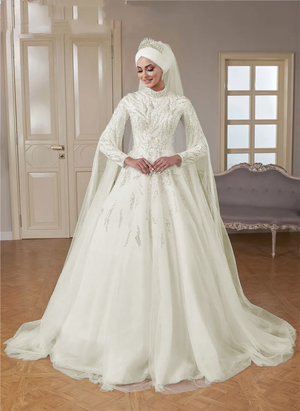 High Neck Luxury Sequins Islamic Hijab Muslim Wedding Dress Arabic Dubai Bridal Gown