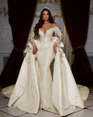 Off The Shoulder Long Sleeve Shiny Beading Crystal Mermaid Wedding Dress