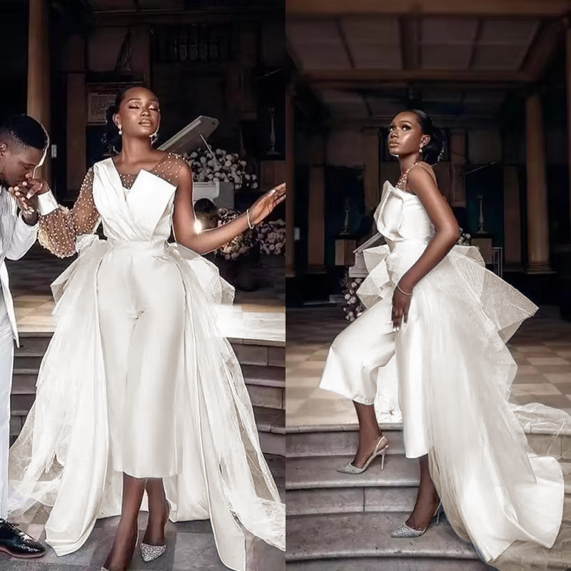 Gorgeous Jumpsuit Beach Wedding Dress with Sheer Long Sleeves and Tull -  Elsi John