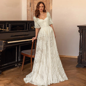 Sweetheart Half Puff Sleeve Lace Vintage A-Line Wedding Dress Sexy Backless Sweep Train