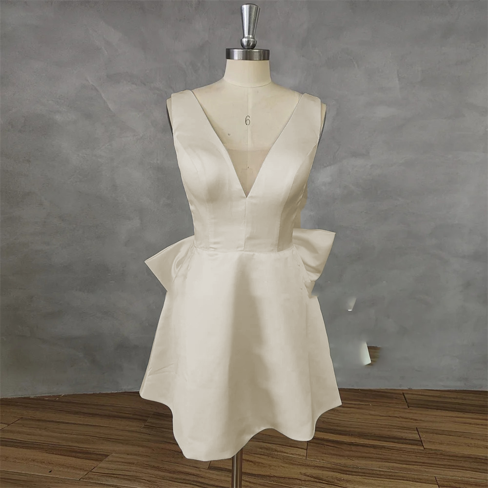 DREAM Sleeveless Satin Short Wedding Dress Big Bow V Neck Backless A-L Elsi John DREAM Sleeveless Satin Short Wedding Dress Big Bow V Neck Backless A-L Elsi John