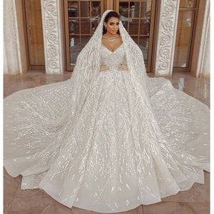 Luxury A-Line V Neck Arabian Glitter Champagne Wedding Dress Long Sleeve Prom Dress