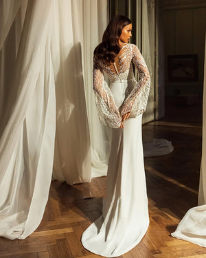 Long Sleeve Beading Sequins Lace Soft Italy Satin Mermaid Wedding Dress