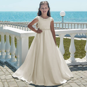 White Satin A-Line Floor-Length Short Sleeve Girls Dress