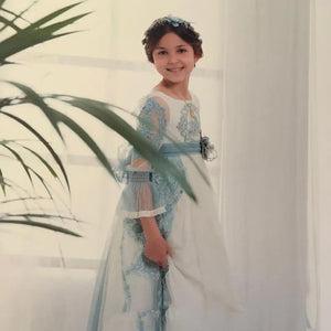 Princess Lace Floral Ribbon Belt Girls Party Dress