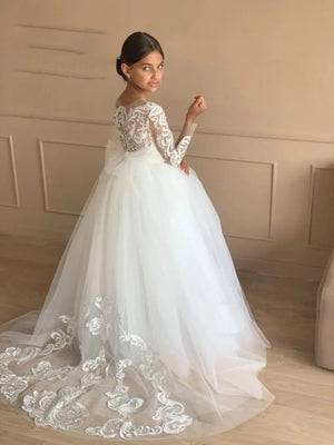 Long Sleeve Floral Lace Tulle A Line Girls Gown with Bow Train