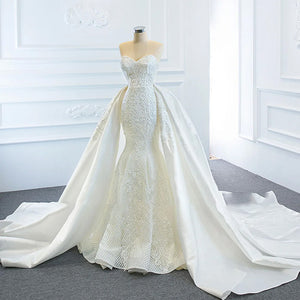 Mermaid Wedding Dress with Detachable Train Beading Appliques Luxury Bridal Gown