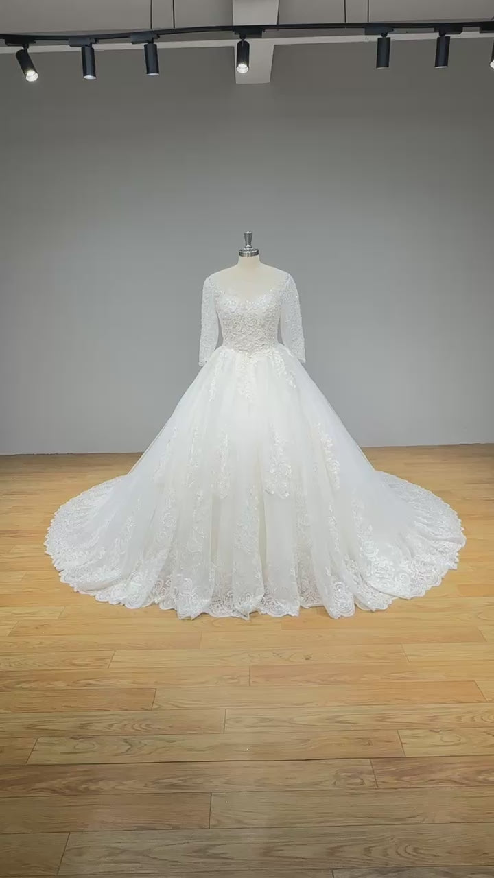 Cargar vídeo: Half Sleeve Ball Gown Wedding Dress with Pearls Appliques and Corset Back
