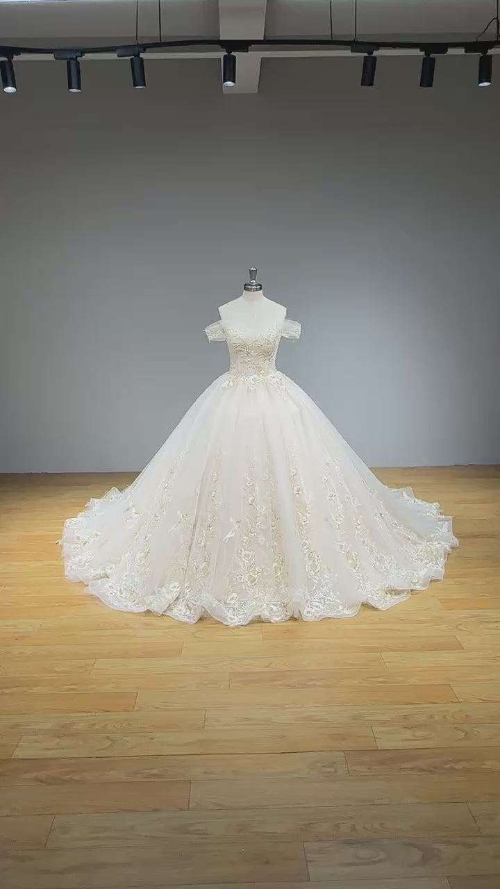 Cargar vídeo: Off the Shoulder Princess Wedding Dress with Beading Appliques Lace Up Back