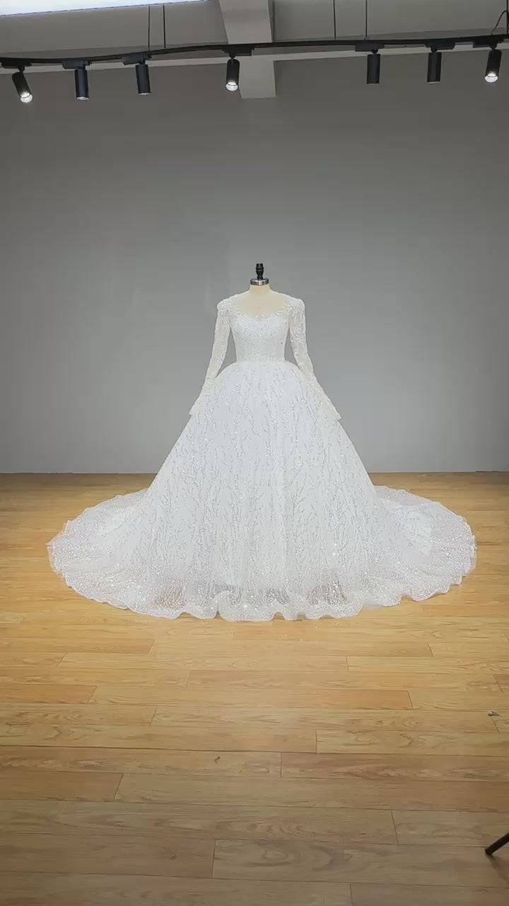 Load video: Beaded Ball Gown Wedding Dress with Long Sleeves See Through Back