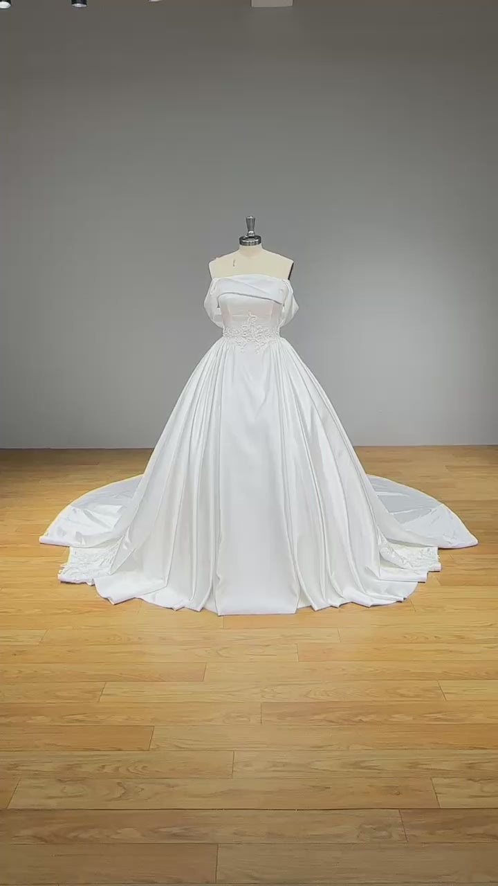 Load video: Off the Shoulder High Quality Satin Wedding Dress with Pearls and Appliques