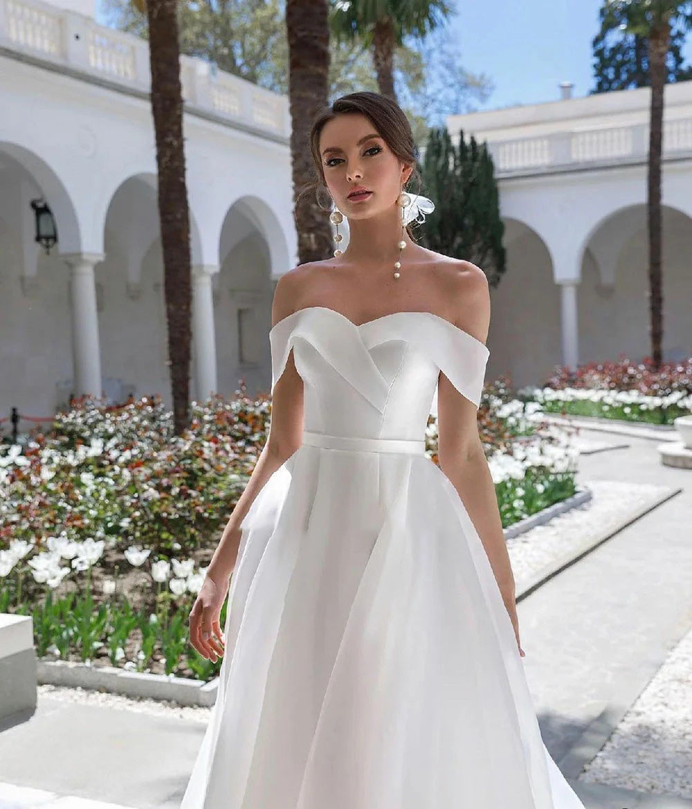 White Organza A-Line Wedding Bridal Gowns Off The Shoulder High Slit Bridal Dress