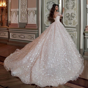 Long Sleeve Ball Gown Wedding Dress Crystal Beading Luxury Bridal Dress
