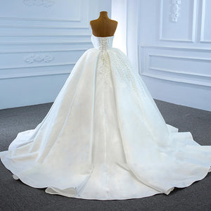 Elegant Off the Shoulder Satin Ball Gown Wedding Dress Beading Pearls Luxury Gown