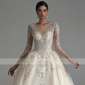 Ball Gown Luxury Wedding Dress O-Neck Long Sleeve Chapel Train Bridal Gown