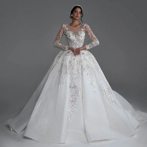 Ball Gown Luxury Wedding Dress O-Neck Long Sleeve Bridal Gown