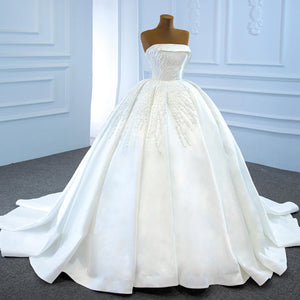 Elegant Off the Shoulder Satin Ball Gown Wedding Dress Beading Pearls Luxury Gown