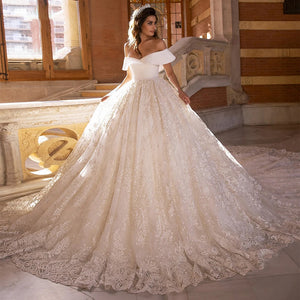 Sexy Boat Neck Backless Lace Ball Gown Wedding Dress Elegant Cathedral Train