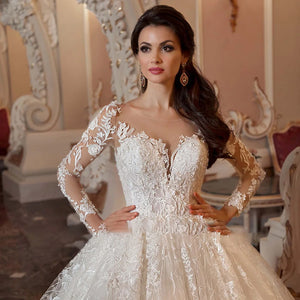 Long Sleeve Ball Gown Wedding Dress 3D Flowers Luxury Bridal Dress