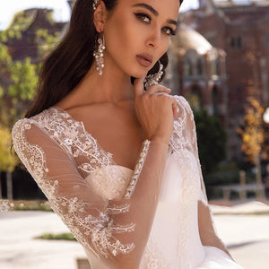 Sexy Illusion Long Sleeve Ball Gown Wedding Dress Elegant Cathedral Train Bridal Gown
