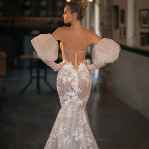 Sexy Illusion Strapless Long Sleeve Lace Mermaid Wedding Dress Court Train Bridal Gown