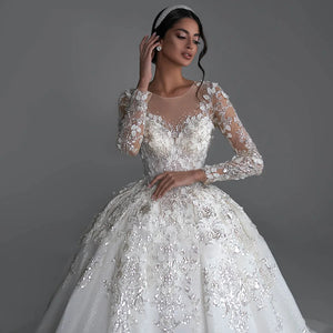 Ball Gown Luxury Wedding Dress O-Neck Long Sleeve Bridal Gown