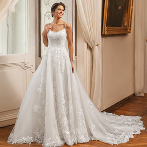 A-Line Graceful Wedding Dress Boat Neck Spaghetti Straps Embroidery Charming Bridal Dress