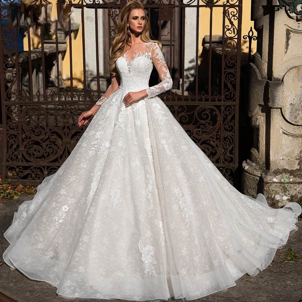 Long Sleeve A-Line Sexy Illusion Lace Wedding Dresses Elegant Applique Elsi John Long Sleeve A-Line Sexy Illusion Lace Wedding Dresses Elegant Applique Elsi John