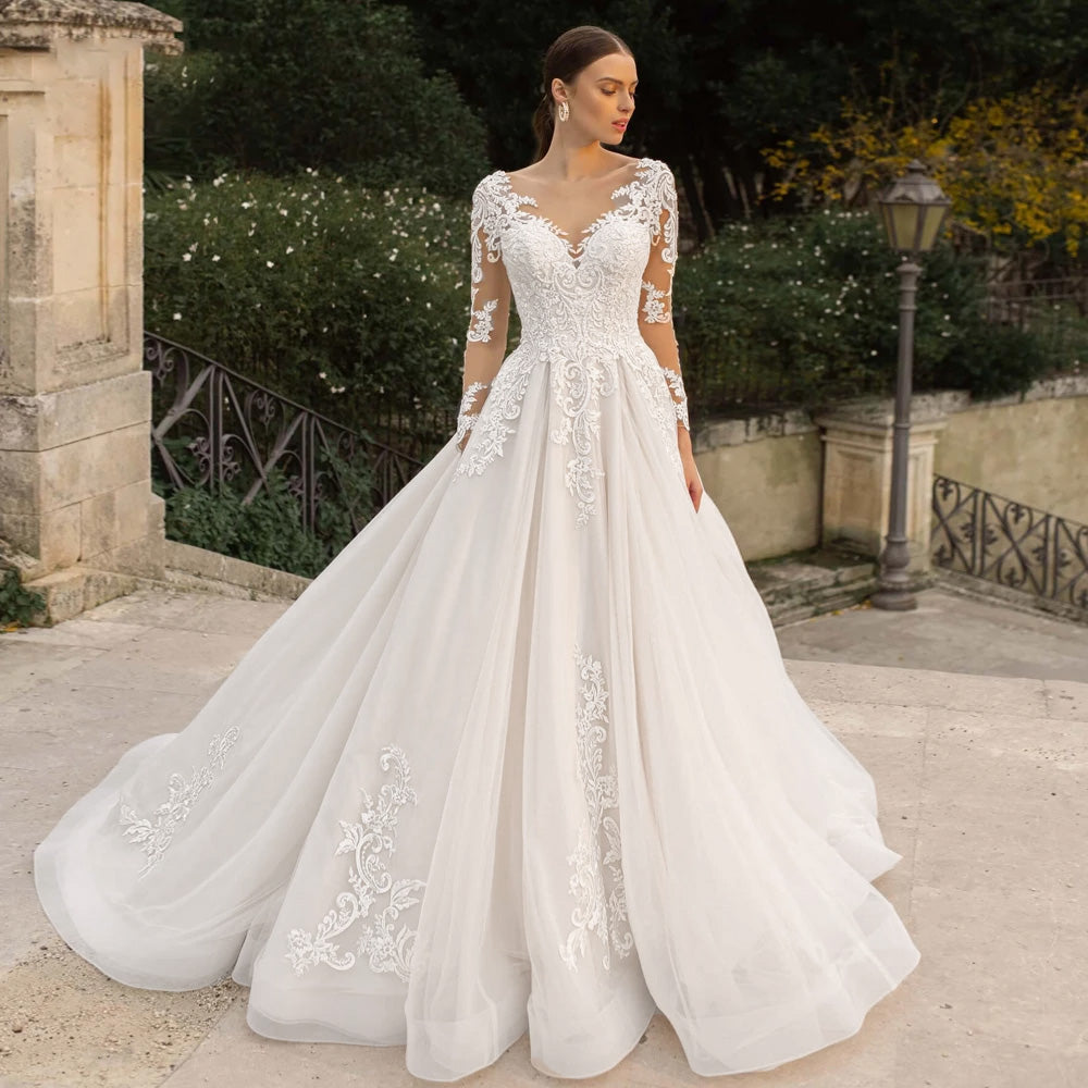 Long Sleeve Lace Vintage Wedding Dress Sexy Illusion A-Line Beaded Cou Elsi John Long Sleeve Lace Vintage Wedding Dress Sexy Illusion A-Line Beaded Cou Elsi John
