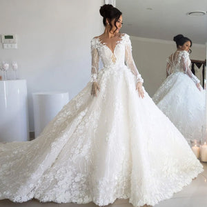 Vintage Bridal Gown Long Sleeve Lace Ball Gown Wedding Dresses Luxury Flower Chapel Train