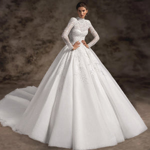 Exquisite Appliques Beaded Lace Vintage A-Line Wedding Dress Luxury High Neck Long Sleeve Court Train