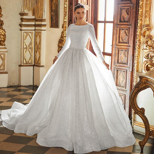 Long Sleeve A-Line Wedding Dress Sexy Backless Button Court Train Bridal Gown